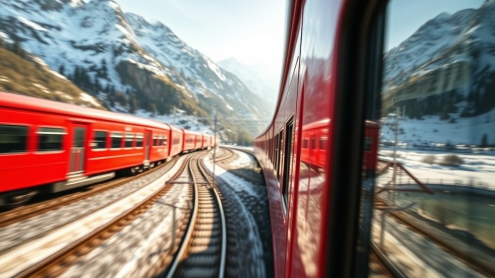 Red Rhaetian Railway Bernina line train traveling through snow-capped mountains on the approach to St. Moritz
