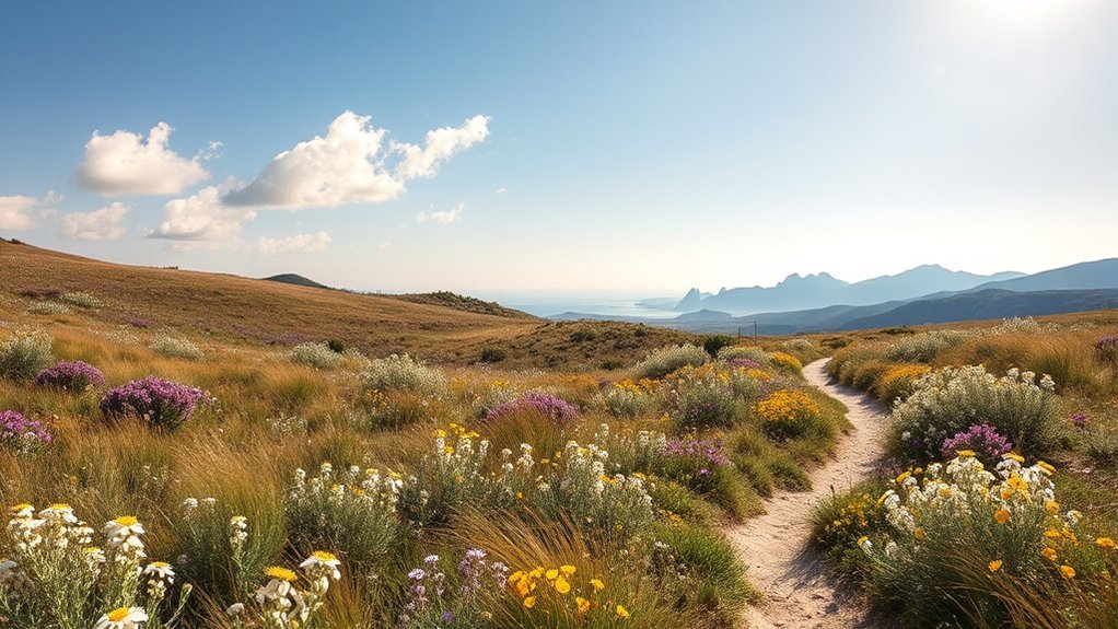 Green Corsican hills and flowering maquis under mild spring skies