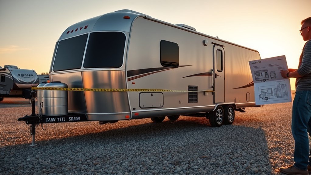Travel trailer decal showing model number badge compared to true overall length