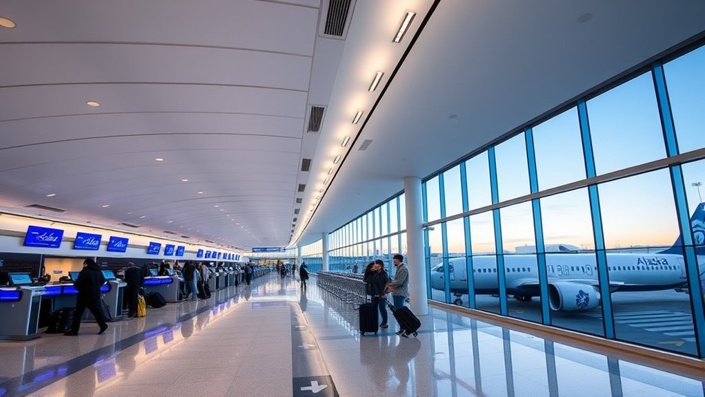 Passenger navigation signs and gate area inside Alaska Airlines Terminal 6 at LAX