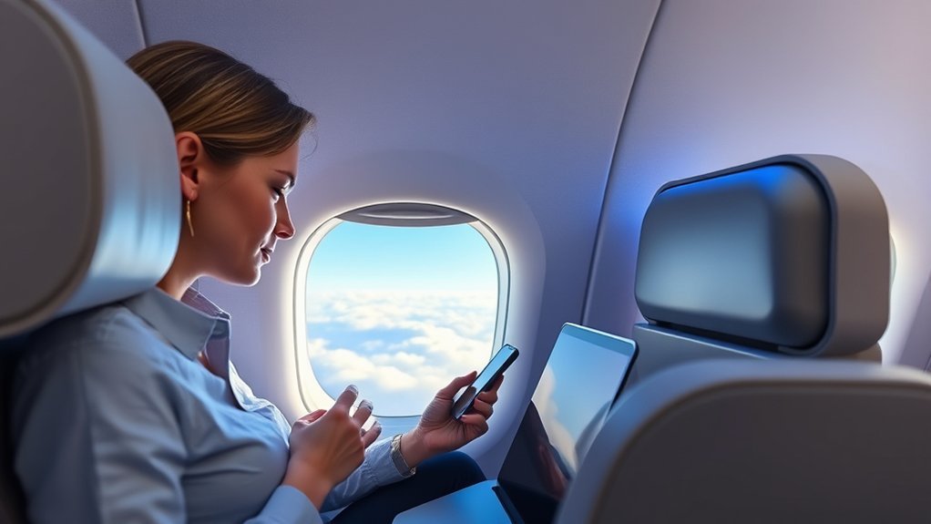 Passenger checking a phone beside a seatback entertainment screen during a flight