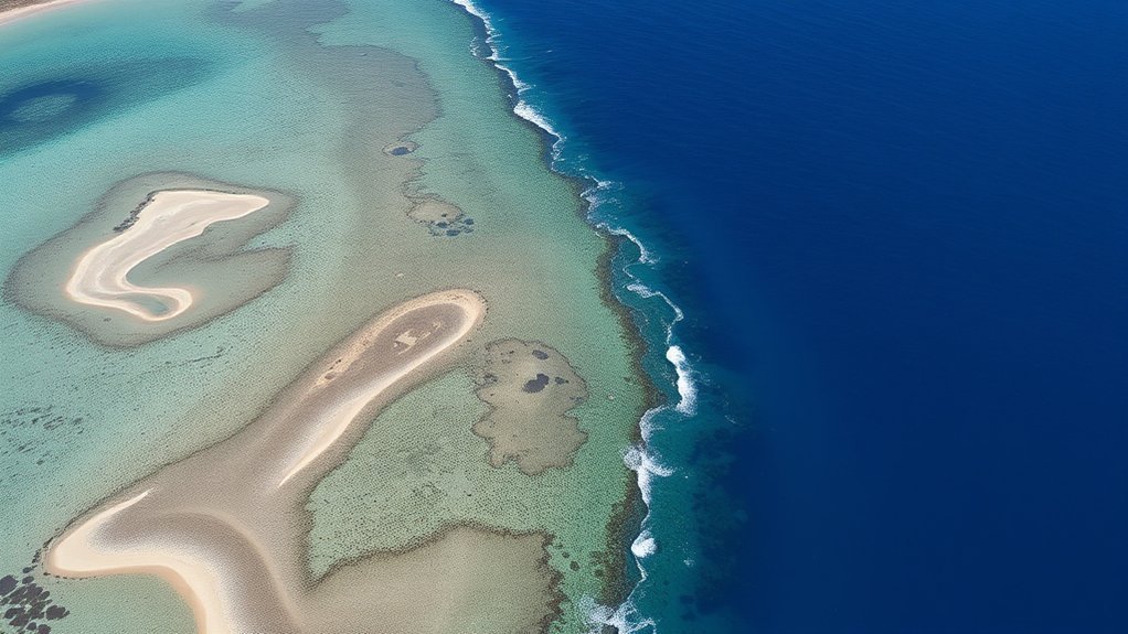 Aerial view of the underwater waterfall optical illusion off Le Morne Brabant in Mauritius showing sediment runoff into the deep ocean trench