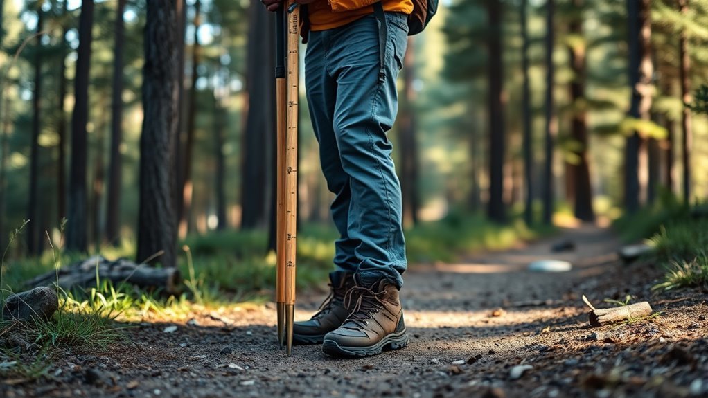 hiker checking walking staff length against elbow height