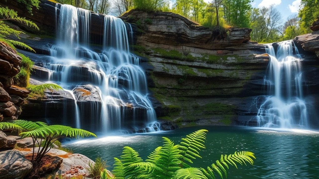 Camera positioned to photograph Triple Falls in soft morning light