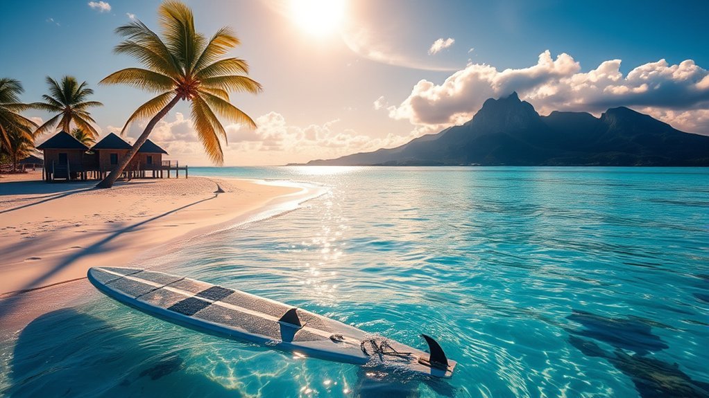 Snorkeling over coral reef in clear blue French Polynesia ocean lagoon