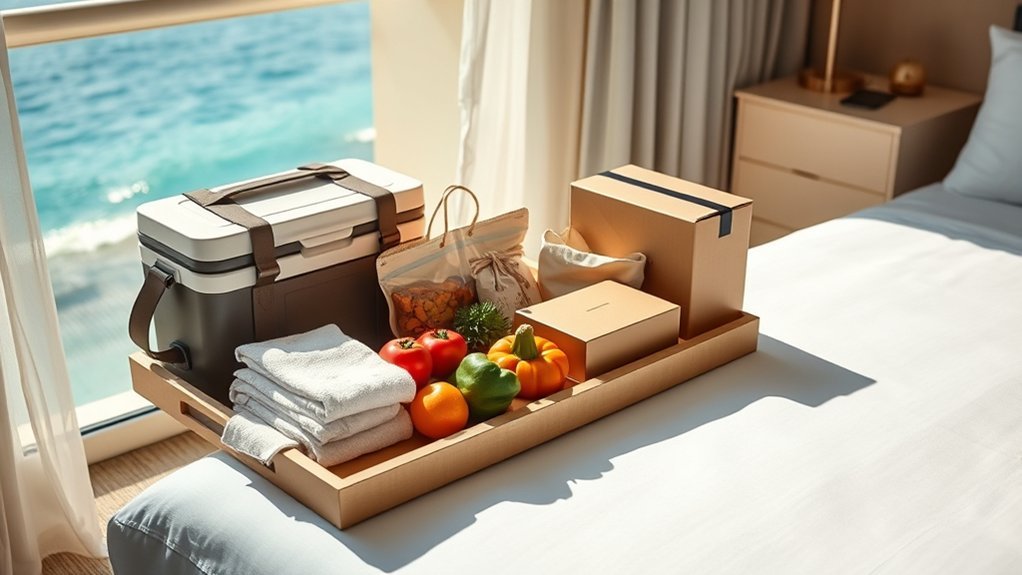 Essential grocery items and snacks for a resort stay packed for convenience