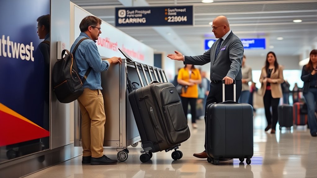 Airline departure agent gate-checking an oversized carry-on luggage suitcase at boarding terminal