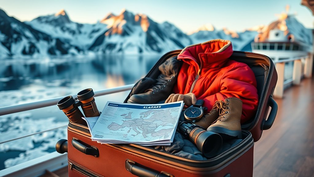 Layered waterproof clothing and binoculars for an Alaska cruise