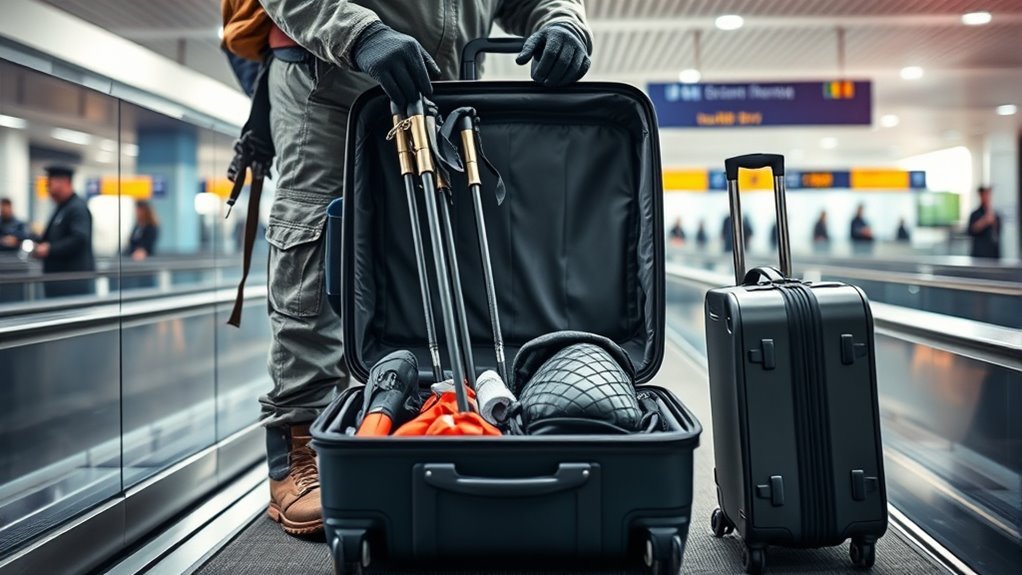 Collapsible hiking poles protected and secured inside checked luggage