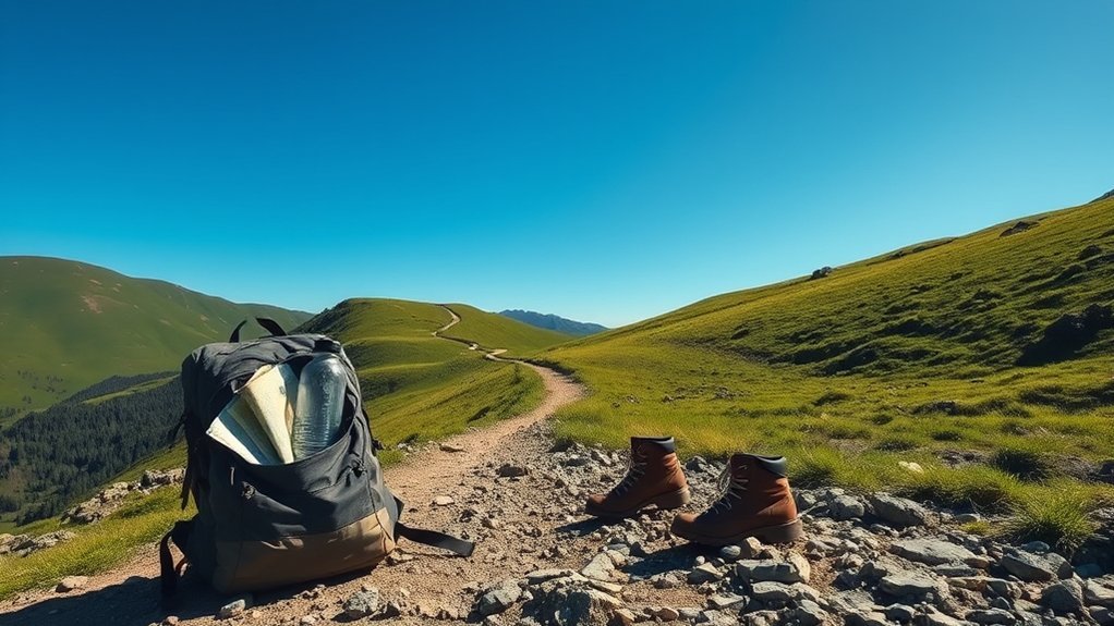 Backpack, water, clothing layers, snacks, and first aid supplies for a long walk