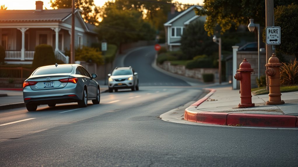 Vehicle parked safely on a hill with wheels positioned toward the curb