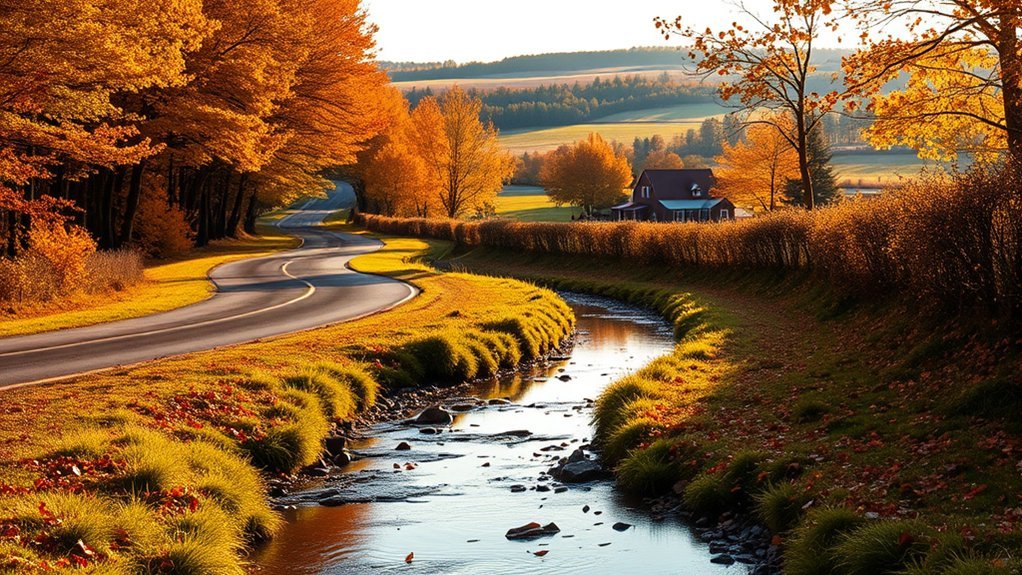 Red and gold maple trees lining a road in Prince Edward Island during peak fall foliage