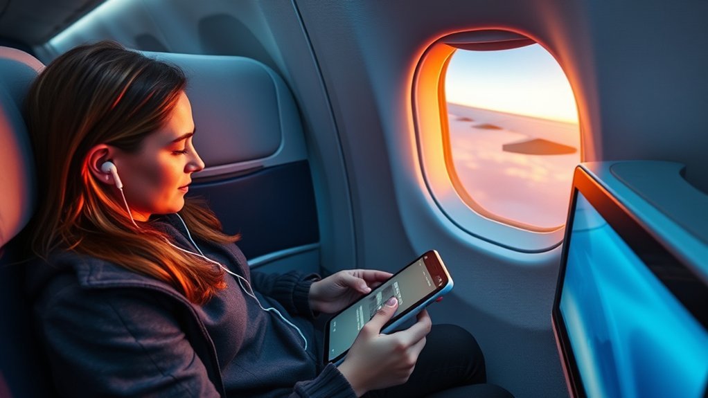 Passenger using earphones and a phone for offline entertainment during a flight