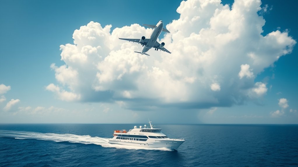 Commercial airplane flying safely above the clouds comparing aviation and boating safety rates