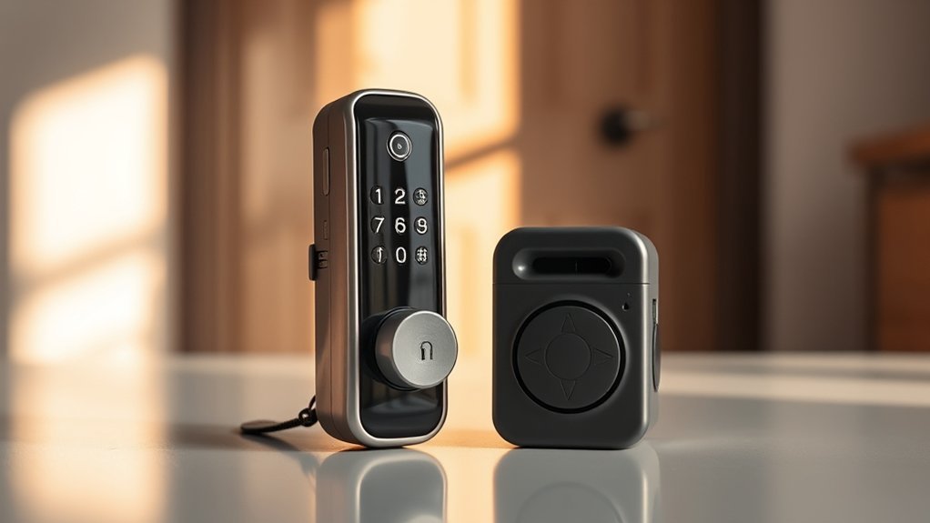 portable door lock and wedge alarm shown as separate travel security devices