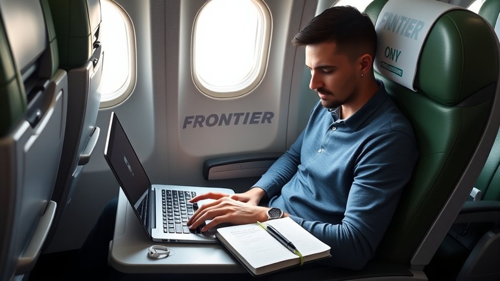 Is There Internet On Frontier Flights: Everything You Need to Know Passenger preparing laptop and tablet for offline work on Frontier Airlines flight