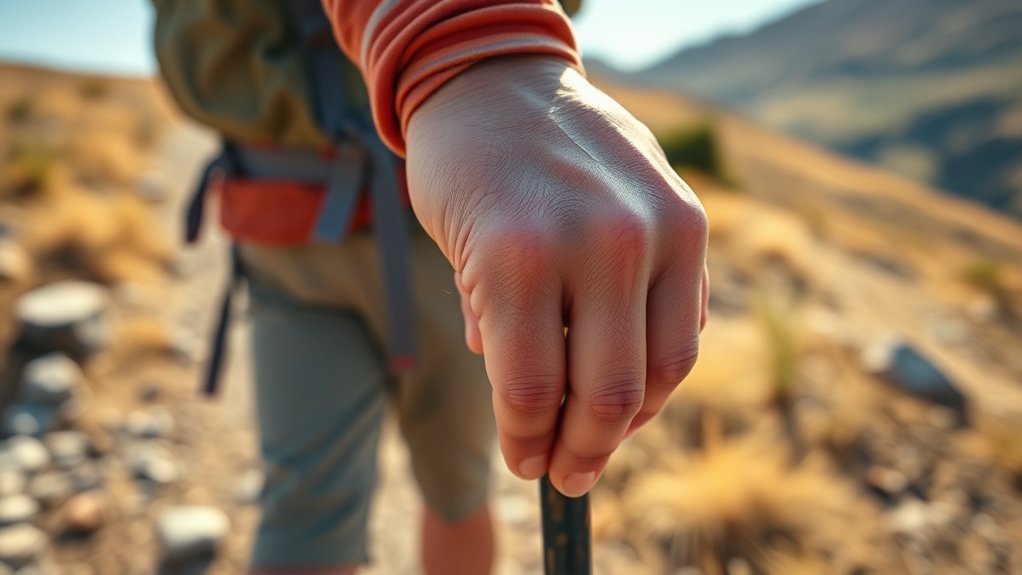 Hiker moving hands and using trekking poles to reduce hand swelling