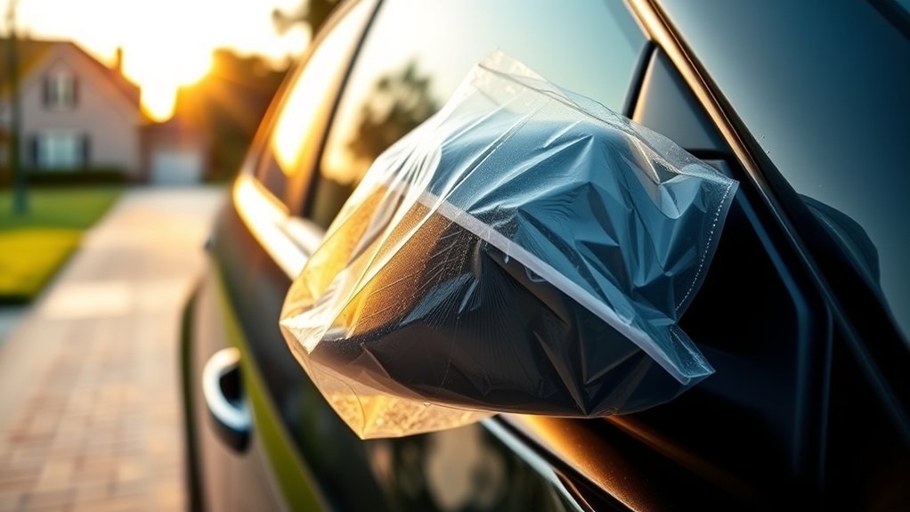 Always Put A Plastic Bag On Your Mirror When Tr...: Everything You Need to Know Opaque cover protecting a parked car side mirror from birds and debris