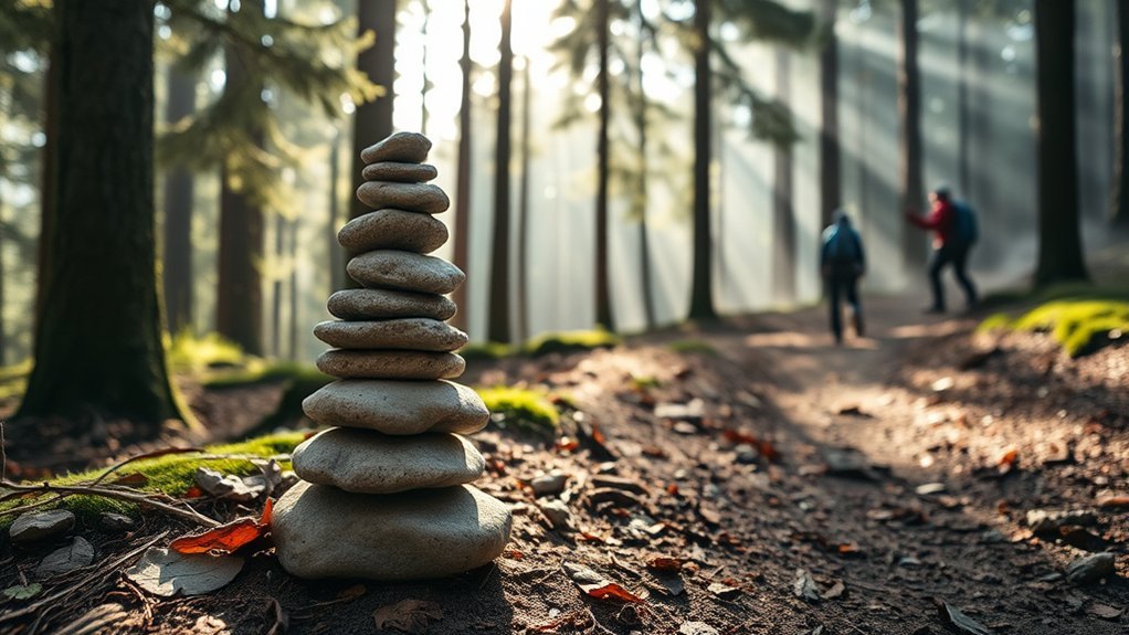 Hiker reading cairns and other trail markers across rocky terrain