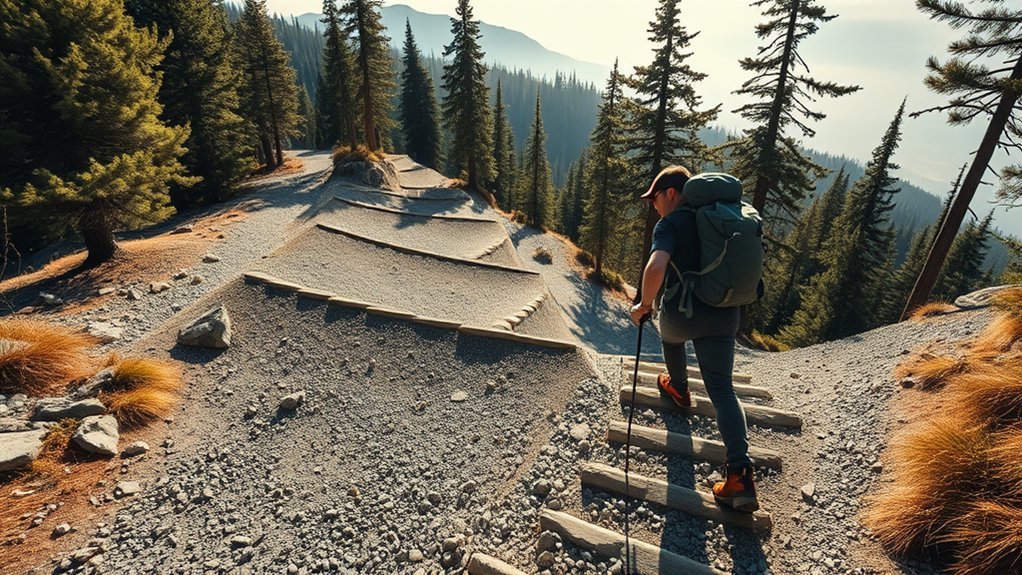 A Hiker Traverses A Set Of Switchbacks to Ascend: Travel Guide Hikers staying on a marked switchback trail to protect vegetation