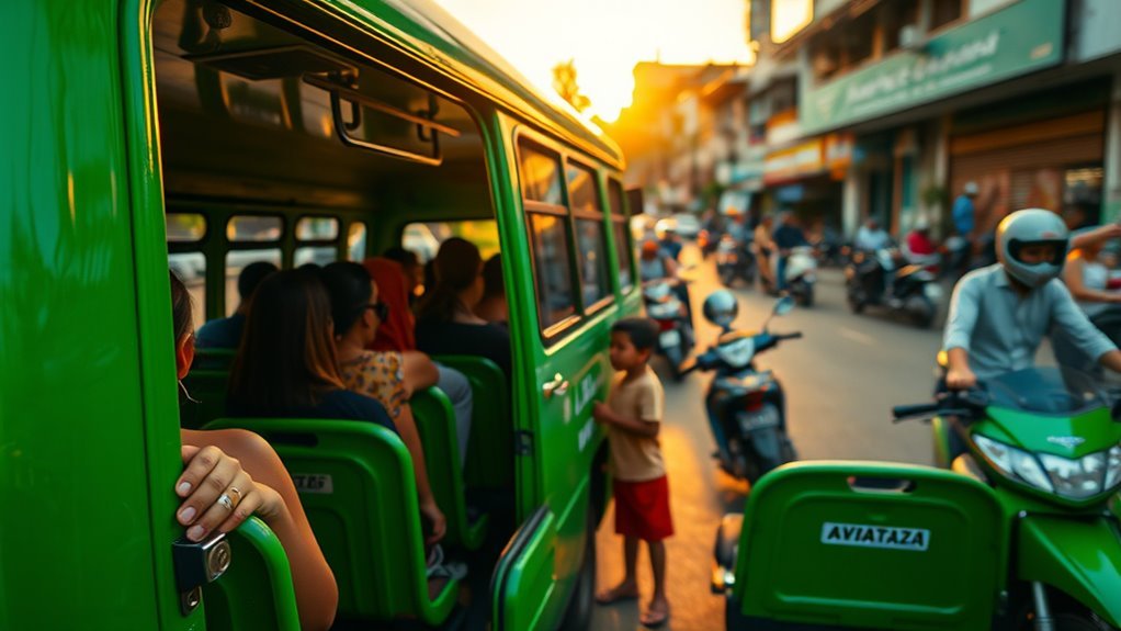 Passenger preparing to ride an angkot safely in Indonesia