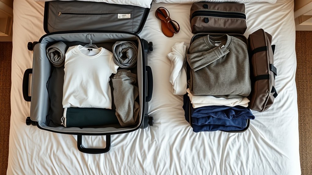 Rolled lightweight clothes beside folded delicate garments for suitcase packing