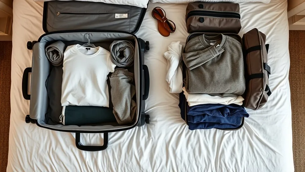 Rolled lightweight clothes beside folded delicate garments for suitcase packing