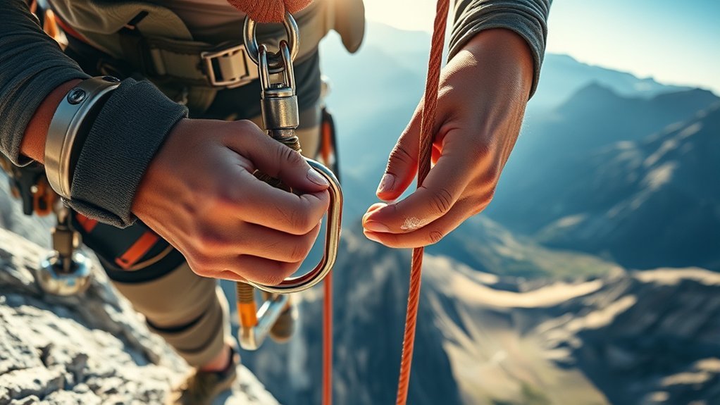climber checking a backed-up rappel system before descending