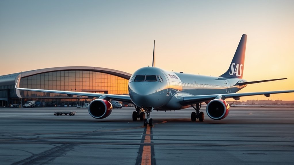 SAS aircraft representing Scandinavian service, safety, comfort, and sustainability efforts