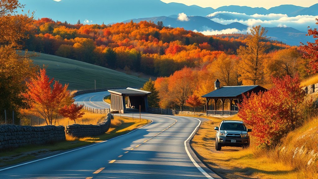 Scenic New England road surrounded by early fall foliage in September