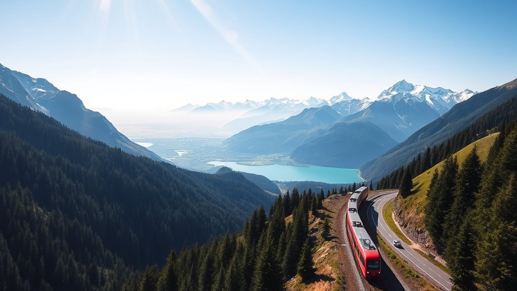 Car on an alpine road with mountain views on the drive from Milan to St. Moritz
