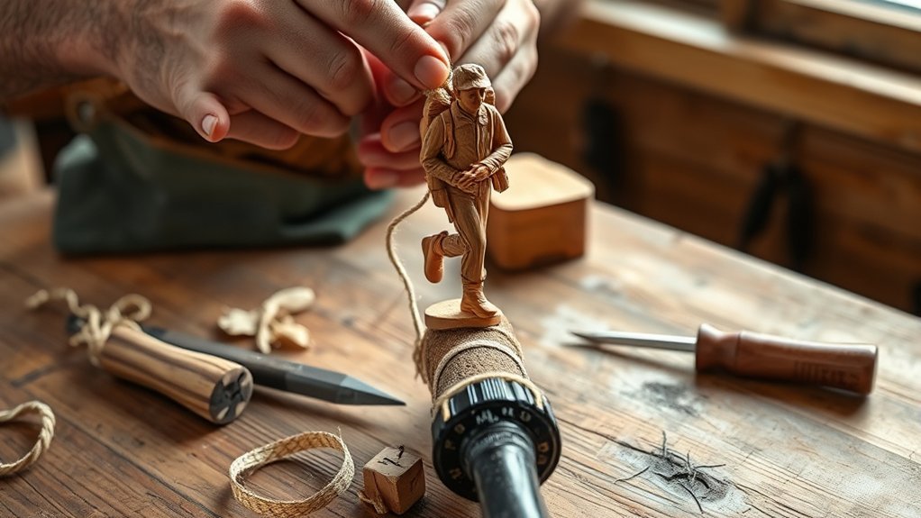 Wood Carving Carving A Hiker: Everything You Need to Know Hands mounting a carved basswood hiker topper onto a wooden hiking stick using a dowel screw