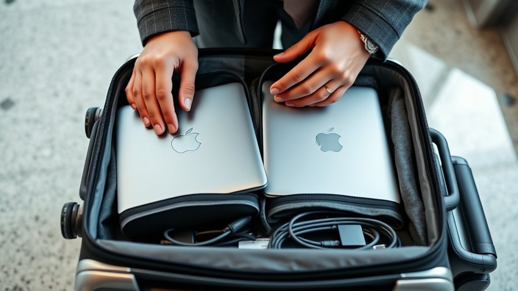 Two laptops packed securely in separate padded compartments of a backpack
