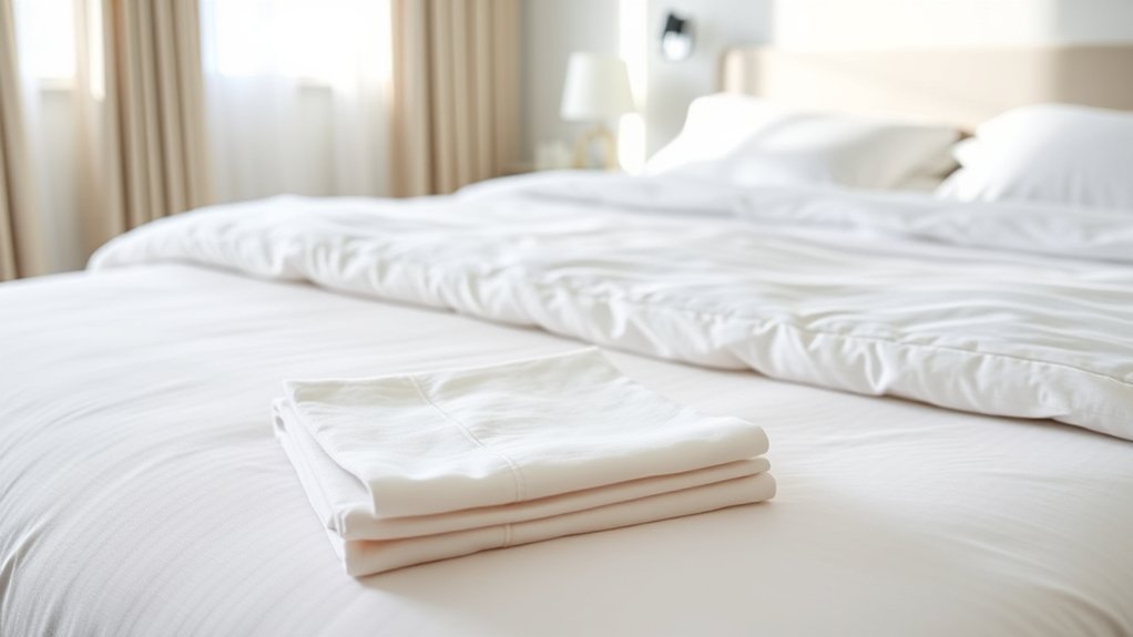 Luxury hotel room bed freshly made with crisp white sheets and duvet cover