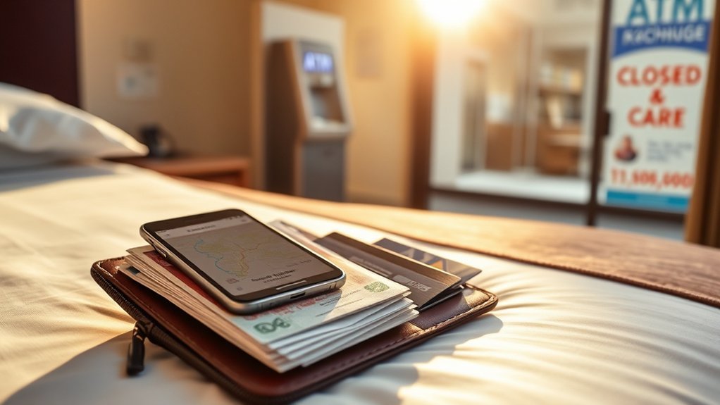 Traveler reviewing ATM currency and fee choices before withdrawing local cash