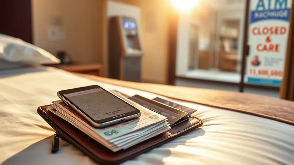 Traveler reviewing ATM currency and fee choices before withdrawing local cash
