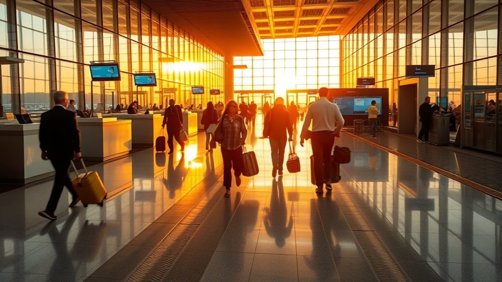 Passengers moving through arrivals at Rome Fiumicino Airport Terminal 3 toward passport control and automated e-Gates