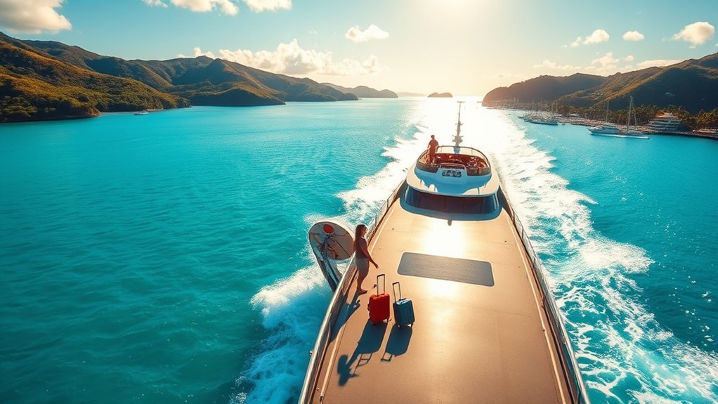 Passengers enjoying scenic view from top deck of ferry crossing between Virgin Islands