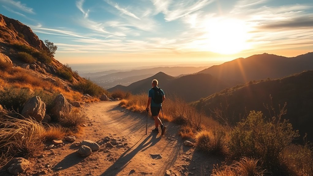 Hikers walking up a sunlit trail at Runyon Canyon with views of Los Angeles