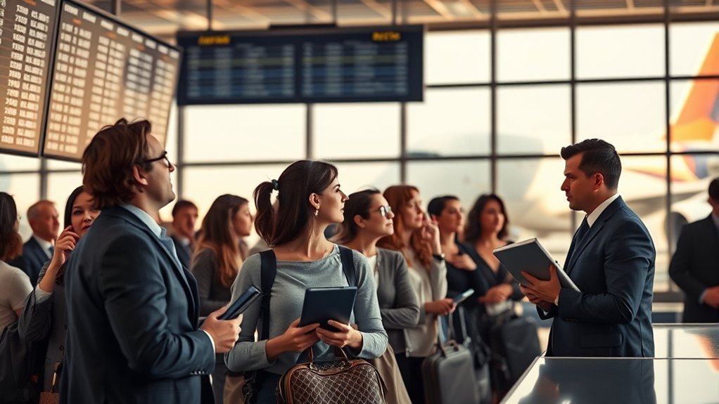 Passengers waiting at an airport departure gate observing standby passenger priority order announcements