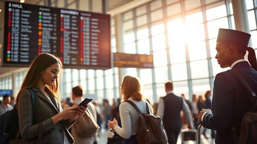 Airport terminal departure display screen showing standby tickets voluntary vs involuntary travel options