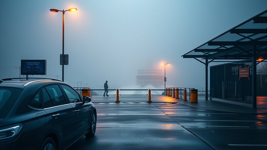 Queue of vehicles waiting in lanes at a Washington State Ferry terminal loading dock