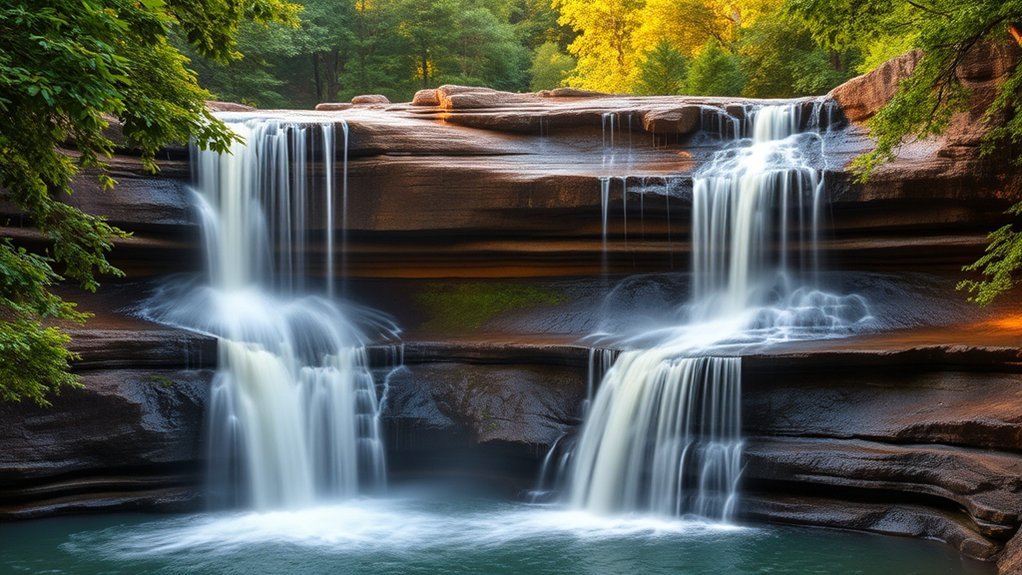 Three separate cascades flowing at Triple Falls after heavy rain