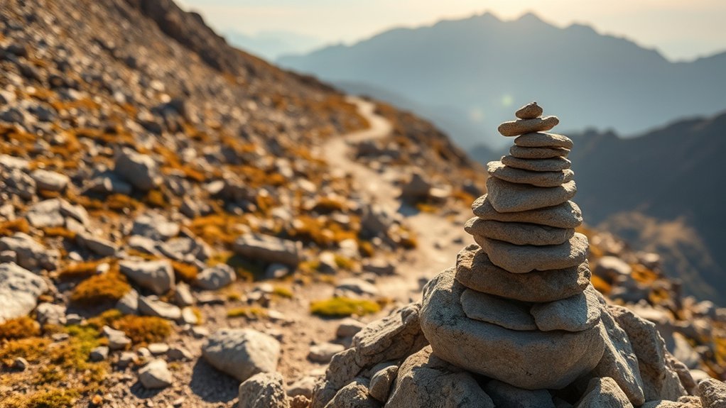A well-constructed official rock cairn marking a wilderness hiking trail