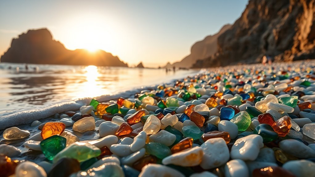 Smooth multicolored glass pebbles shaped by waves, sand, and shoreline abrasion