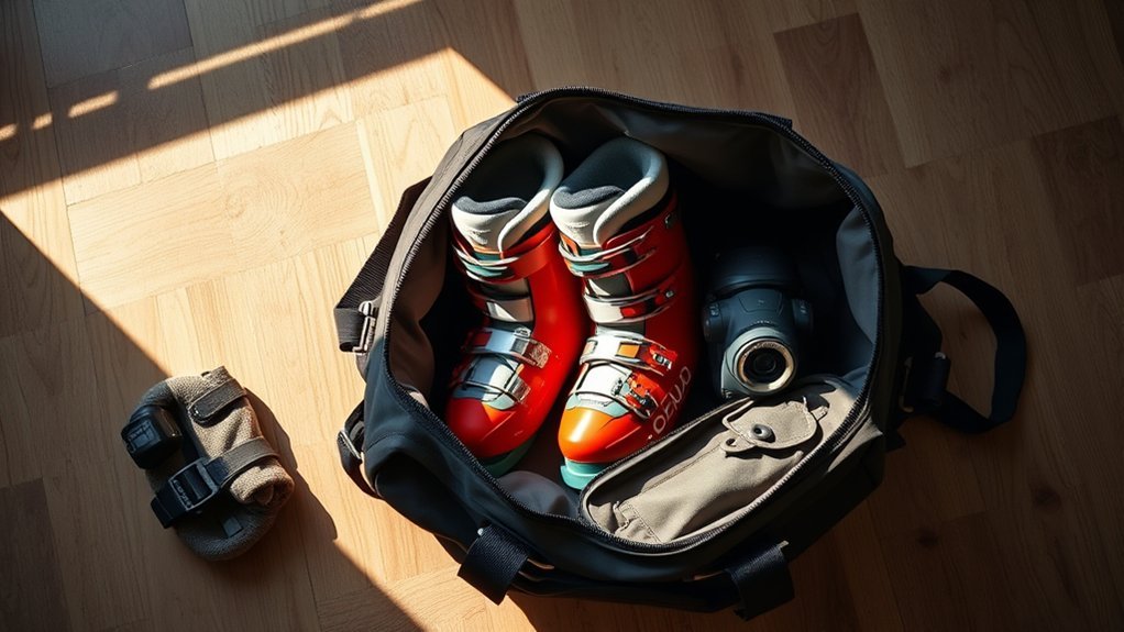 skier standing next to a packed duffel bag and ski gear at a resort