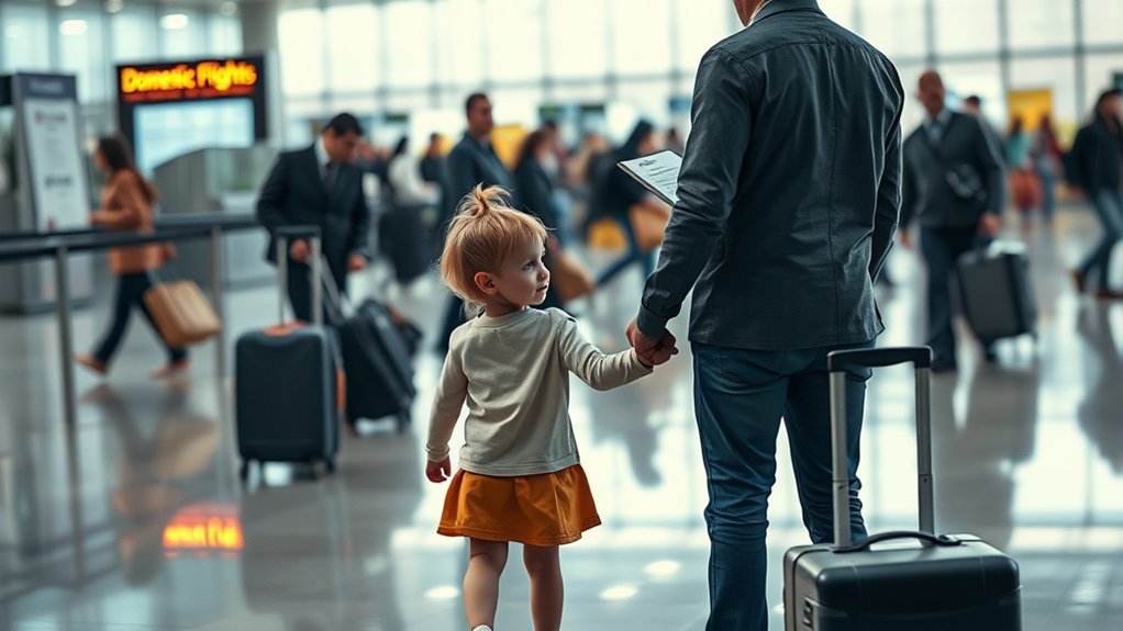 Parent traveling with a child at an airport following legal custody travel guidelines
