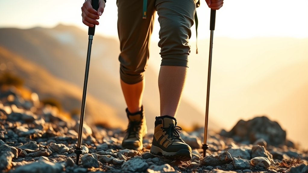 Hiker demonstrating correct trekking pole height with elbows near a 90-degree bend