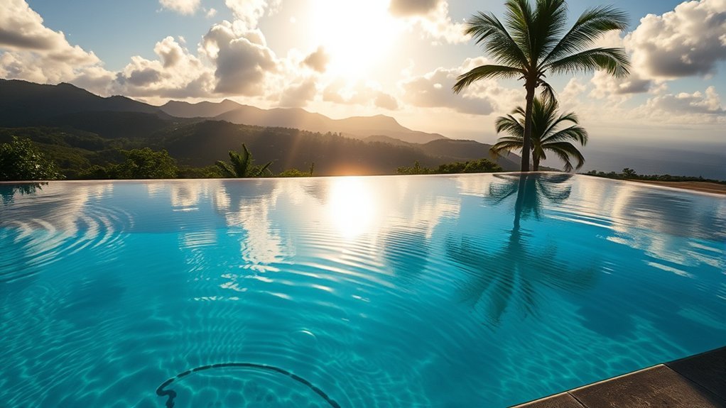 Tropical weather around an outdoor swimming pool in St. Kitts