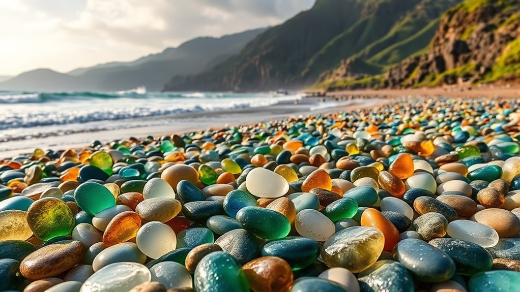 Colorful glass pebbles on a rocky shoreline at a well-known sea-glass beach